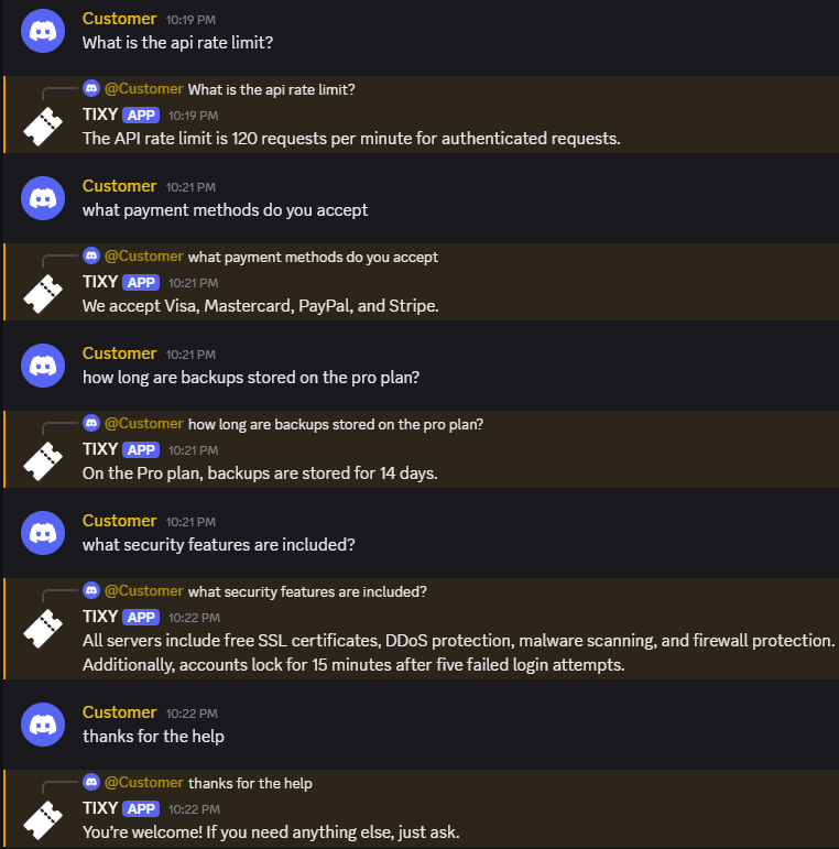 TIXY bot replying to a Discord support ticket in real time